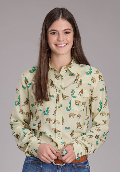 Roper Womens 2424 Printed Ropers Cream 100% Rayon L/S Shirt