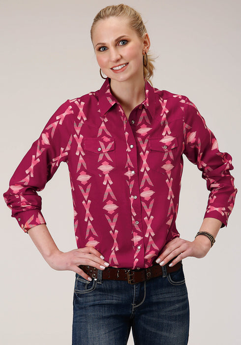 Roper Womens Aztec Print Purple 100% Rayon L/S Blouse