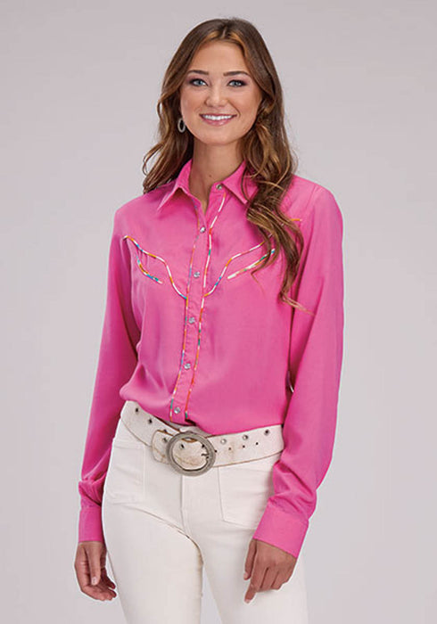 Roper Womens Multi-Color Piping Pink 100% Rayon L/S Blouse
