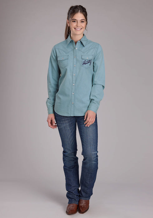 Roper Womens Howdy Fringe Western Light Blue 100% Cotton L/S Blouse