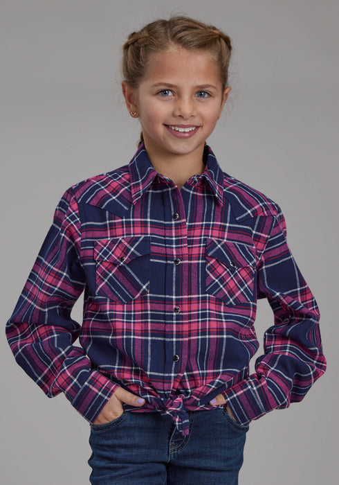 Roper Kids Girls 2206 Unlined Flannel Blue/Pink 100% Cotton L/S Shirt
