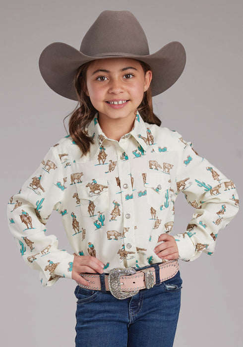 Roper Youth Girls 2424 Printed Ropers White 100% Rayon L/S Shirt