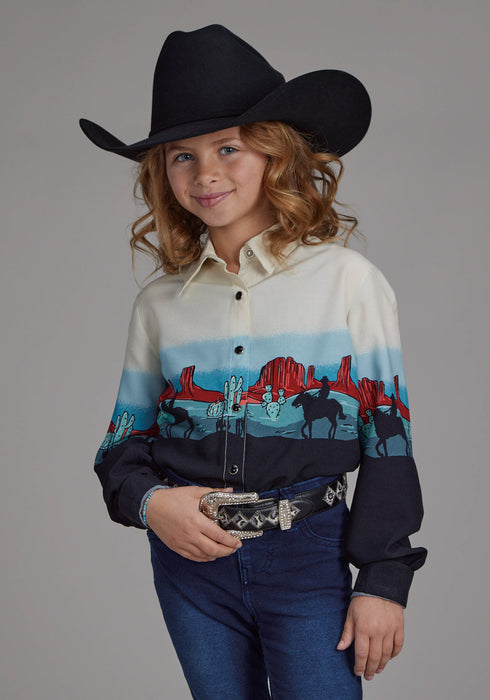 Roper Kids Girls 2202 Western Border Black 100% Rayon L/S Shirt