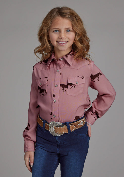 Roper Kids Girls 2203 Wild Horses Pink 100% Rayon L/S Shirt