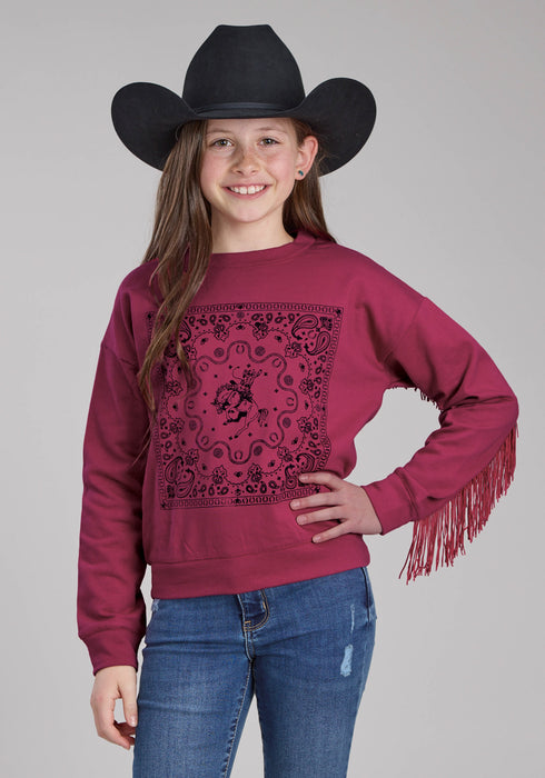 Roper Kids Girls Paisley Square Fringe Wine 100% Cotton Sweatshirt