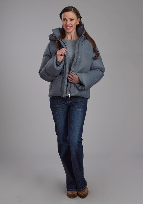 Roper Womens Puffer Down Coat Silver Blue 100% Nylon Softshell Jacket