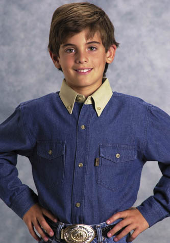 Roper Boys Basics Blue 100% Cotton L/S 6 Oz Twill Button Down Western Shirt