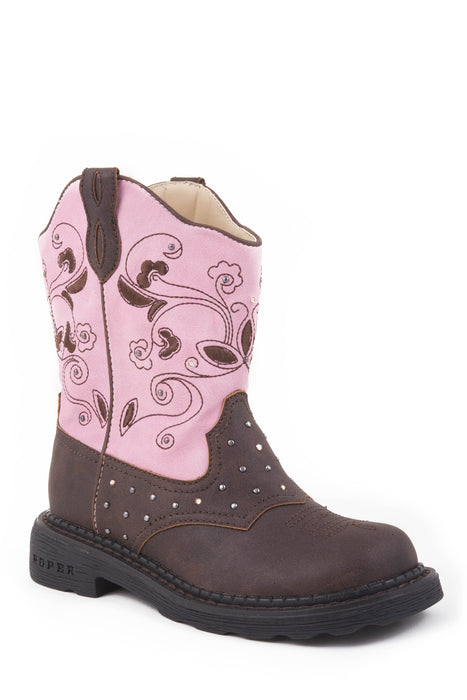 Roper Kids Girls Saddle Light Brown/Pink Faux Leather Cowboy Boots
