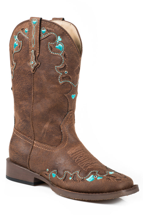 Roper Kids Girls Hearts Brown Faux Leather Cowboy Boots