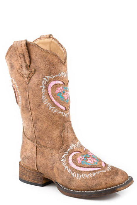 Roper Kids Girls Lydia Glitter Heart Tan Faux Leather Cowboy Boots