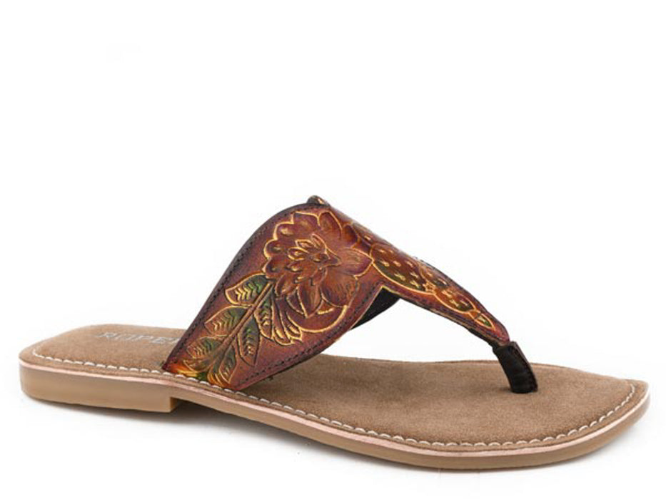 Roper Womens Juliet Tooled Brown Leather T-Strap Sandals