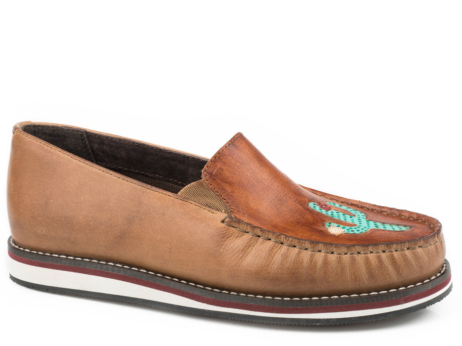 Roper Womens Lone Cactus Tan Leather Cactus Slip-On Shoes