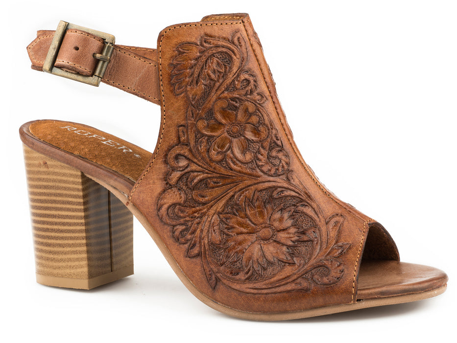 Roper Womens Mika Tan Leather Tooled Peep Toe Heels