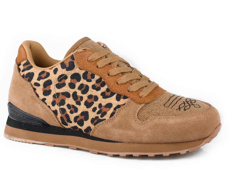 Roper Womens Giddyup Leopard Tan Suede Jogger Sneakers Shoes