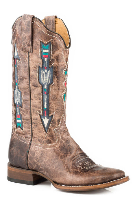Roper Womens Arrows Square Toe Waxy Brown Leather Cowboy Boots