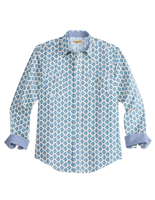 Tin Haul Mens Ombre Aztec Tiles Blue/White 100% Cotton L/S Shirt