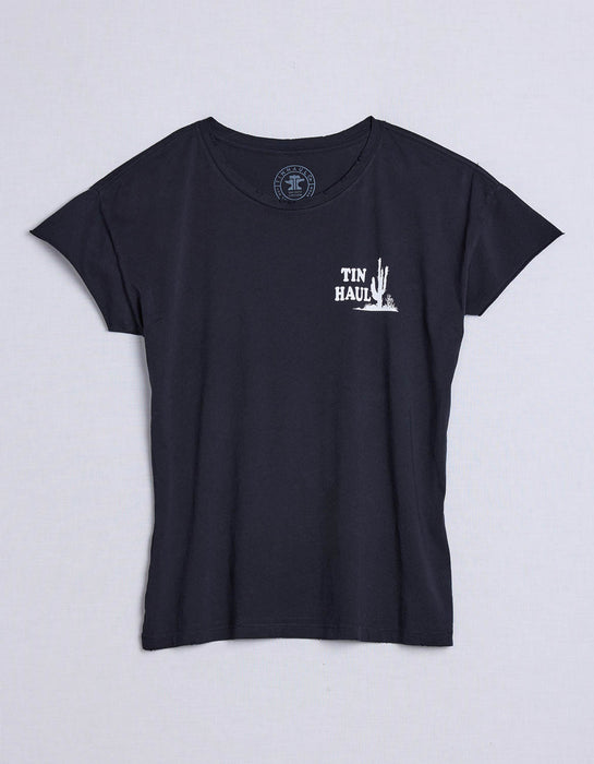 Tin Haul Womens Left Chest Cactus Vintage Black 100% Cotton S/S T-Shirt