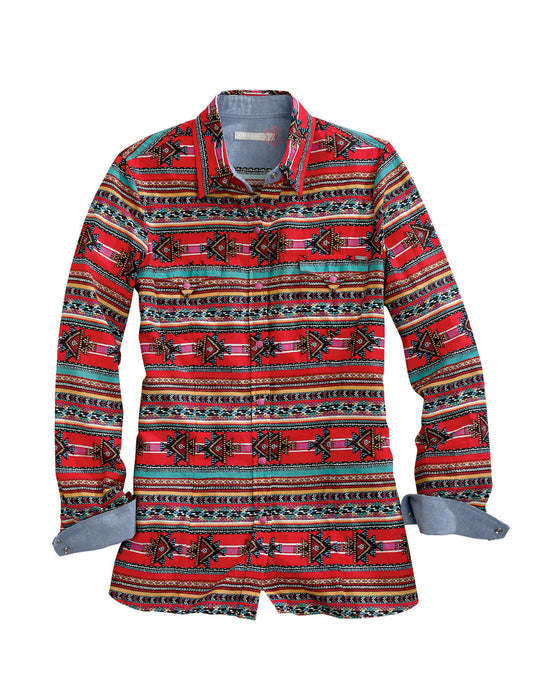 Tin Haul Womens Red 100% Cotton Dash Aztec L/S Shirt