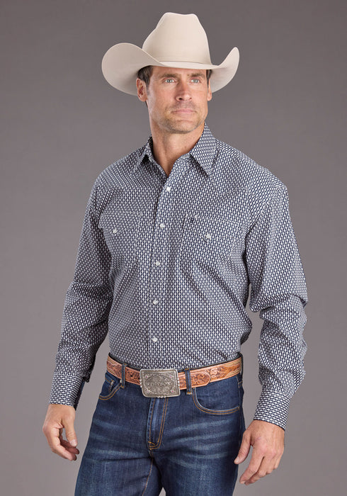 Stetson Mens Running Diamonds Blue 100% Cotton L/S Shirt