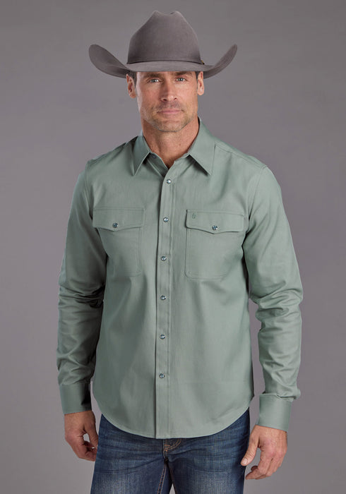 Stetson Mens Silver Sage Brushed Twill Green 100% Cotton L/S Shirt