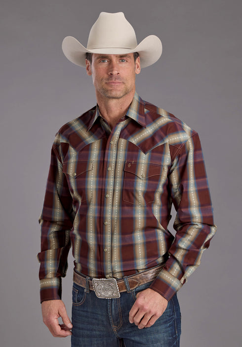 Stetson Mens Red Rock Dobby Plaid Wine 100% Cotton L/S Shirt