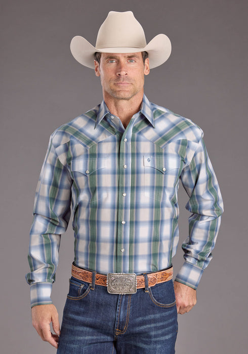 Stetson Mens Moss Dobby Plaid Blue 100% Cotton L/S Shirt