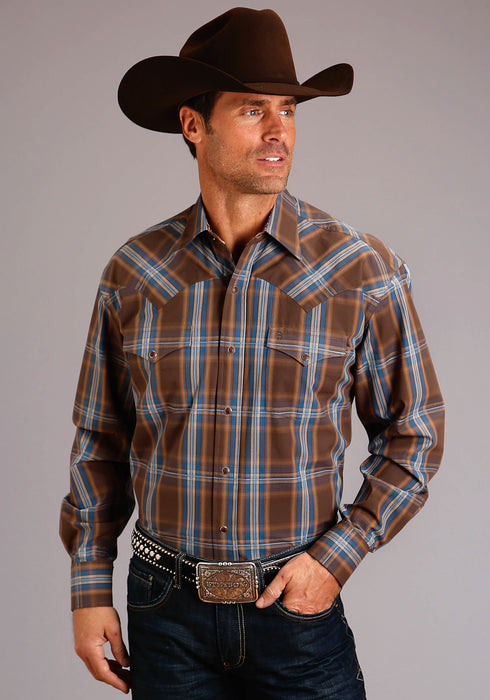Stetson Mens 1192 Lake Plaid Brown/Blue 100% Cotton L/S Shirt