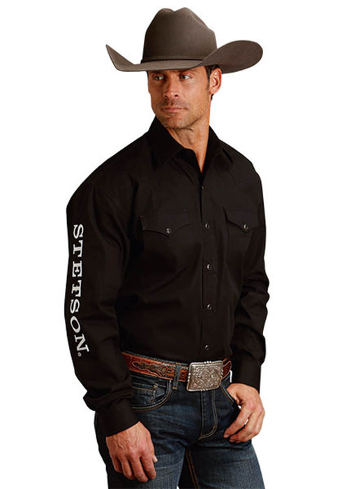 Stetson Mens Western Logo Sleeve Black 100% Cotton L/S Shirt