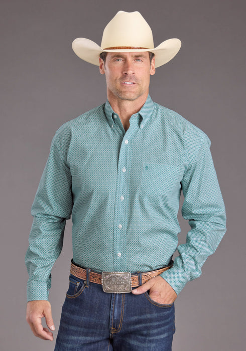 Stetson Mens 2400 Mosaic Geo Turquoise 100% Cotton 1 Pkt L/S Shirt