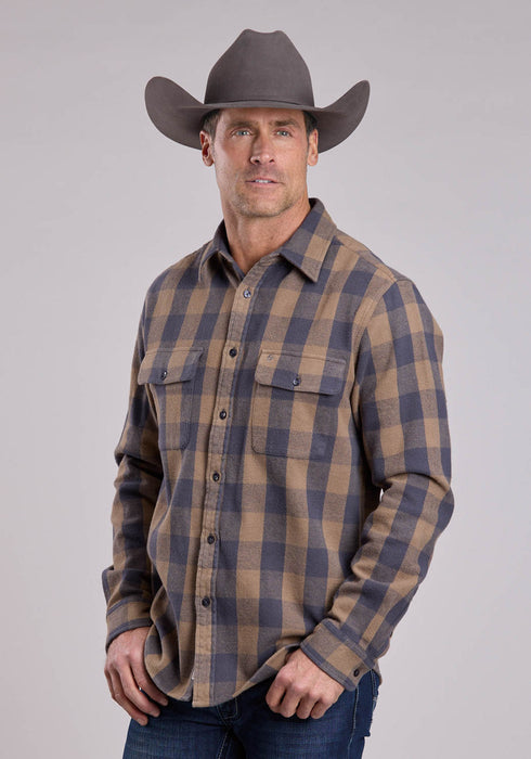 Stetson Mens Brushed Buffalo Check Brown/Gray 100% Cotton Btn L/S Shirt