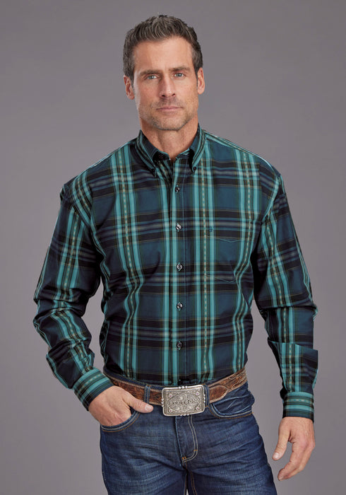 Stetson Mens 2147 Lake Dobby Blue/Green 100% Cotton Btn L/S Shirt