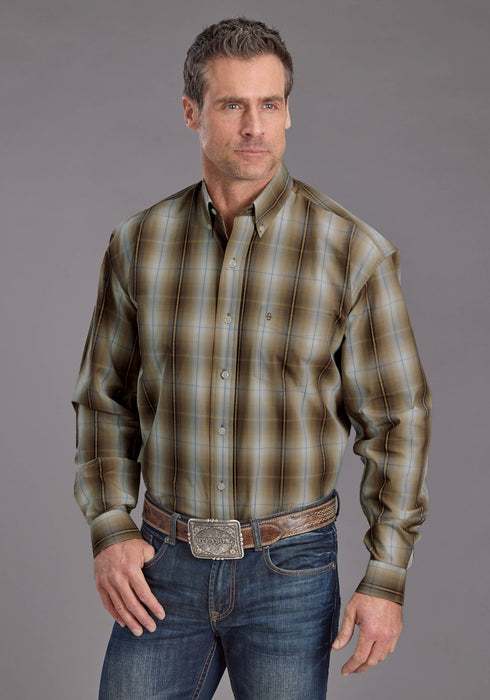 Stetson Mens Sand Dobby Plaid Brown 100% Cotton 1 Pkt L/S Shirt