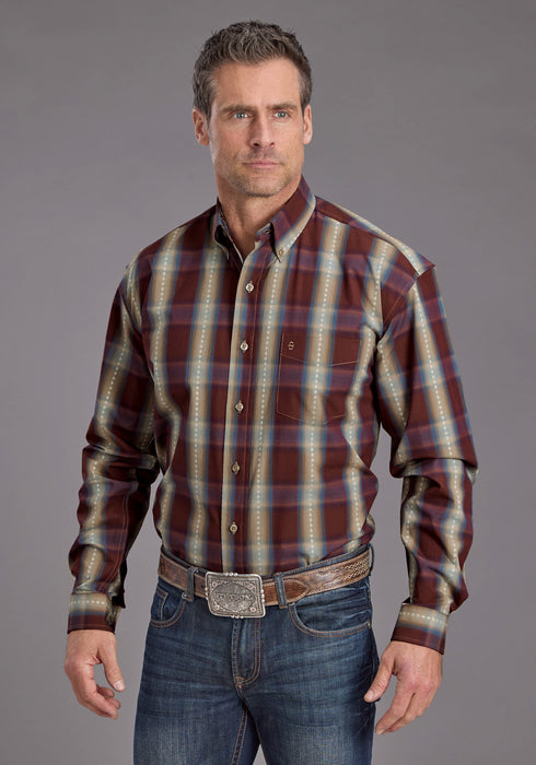 Stetson Mens Red Rock Dobby Plaid Wine 100% Cotton 1 Pkt L/S Shirt