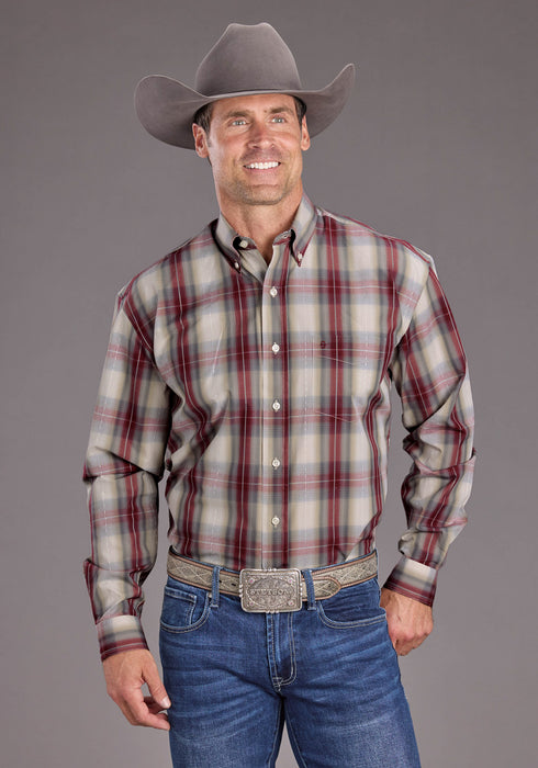 Stetson Mens Diamond Ranch Dobby Wine 100% Cotton 1 Pkt L/S Shirt