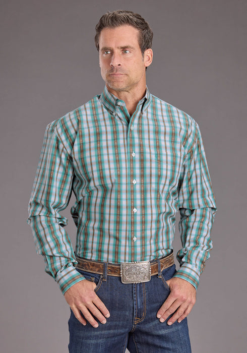 Stetson Mens Vintage Plaid Turquoise 100% Cotton 1 Pkt L/S Shirt