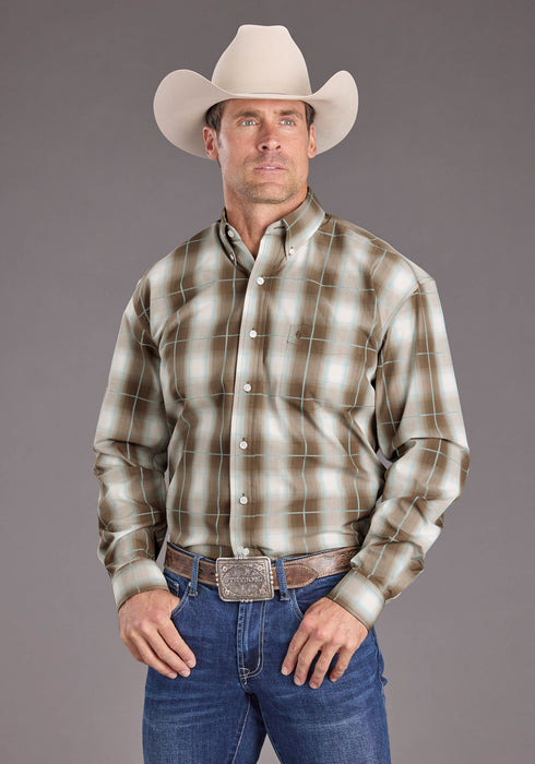 Stetson Mens Sandy Ombre Plaid Brown 100% Cotton 1 Pkt L/S Shirt