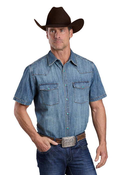 Stetson Mens Turquoise Hex Snaps Stonewashed Denim 100% Cotton S/S Shirt