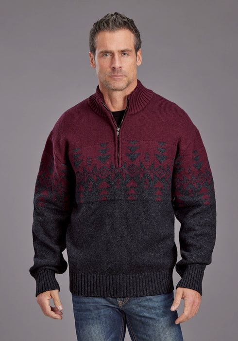 Stetson Mens Woven Aztec Red/Gray Cotton Blend 1/4 Zip Sweater