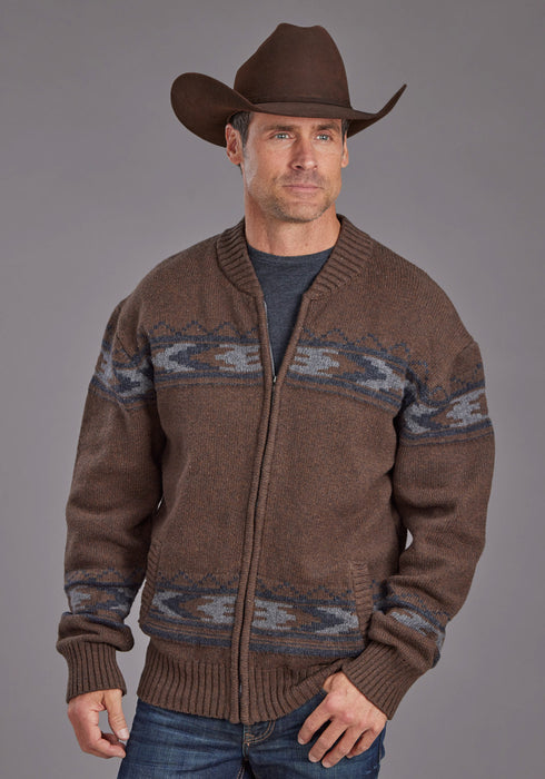 Stetson Mens Thunderbird Border Brown Cotton Blend Cardigan Sweater