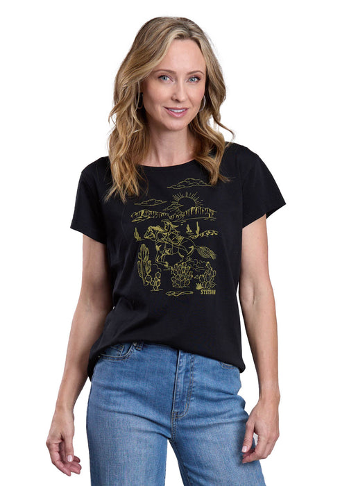 Stetson Womens Vintage Cowgirl Scene Black Cotton Blend S/S T-Shirt