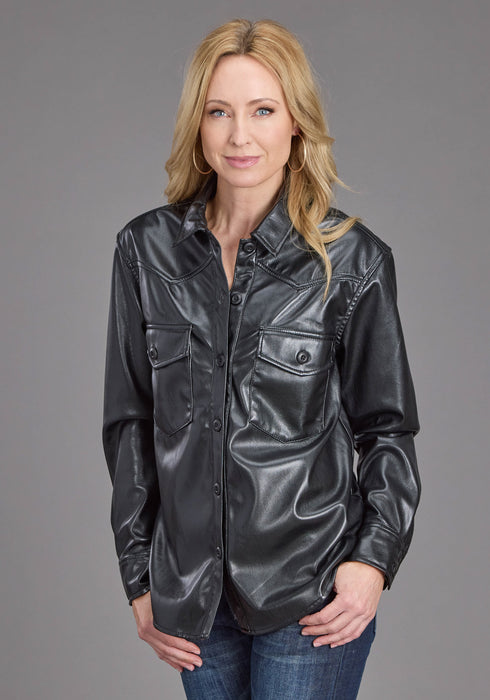 Stetson Womens Oversized Box Pleat Black Faux Leather L/S Shirt