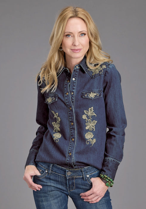 Stetson Womens Floral Embroidery Dark Denim Tencel/Rayon L/S Shirt