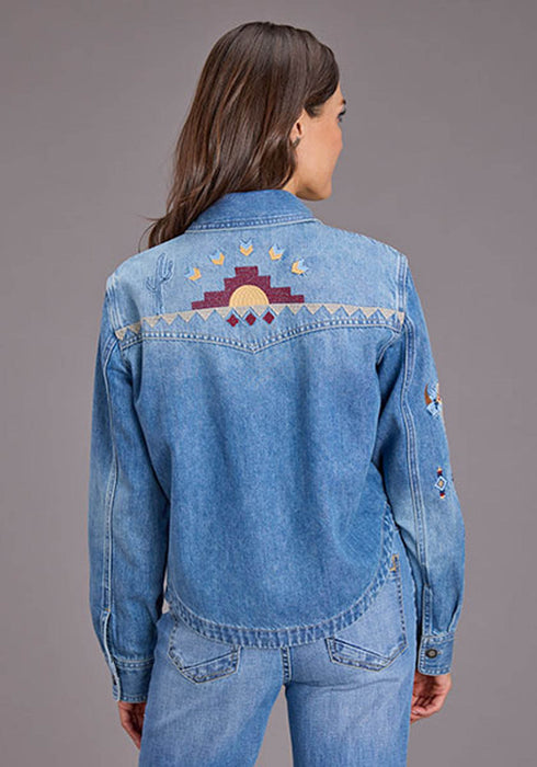 Stetson Womens Embroidered Crop Denim Medium Blue Cotton Blend L/S Blouse