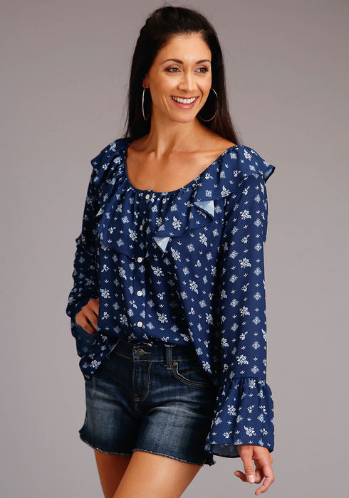 Stetson Womens Blue Rayon/Nylon Vintage Ditzy L/S HiLo Blouse