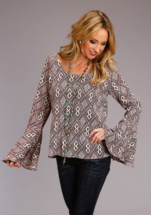 Stetson Womens Aztec Print Wine/White 100% Rayon L/S Blouse