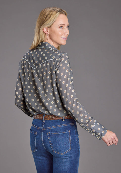 Stetson Womens 2440 Horse Pennies Grey 100% Rayon L/S Blouse
