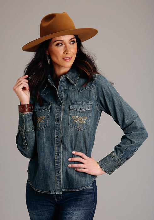 Stetson Womens Dirty Boyfriend Fit Blue Denim 100% Cotton L/S Shirt