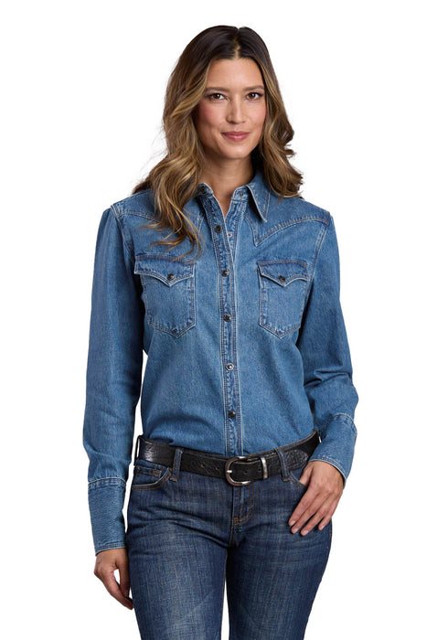 Stetson Womens Asymmetrical Hexagon Blue 100% Cotton L/S Shirt