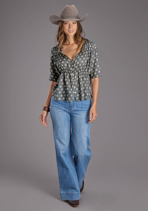 Stetson Womens 2440 Horse Pennies Grey 100% Rayon S/S Blouse