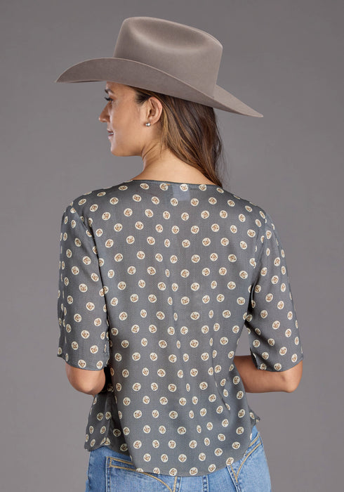 Stetson Womens 2440 Horse Pennies Grey 100% Rayon S/S Blouse